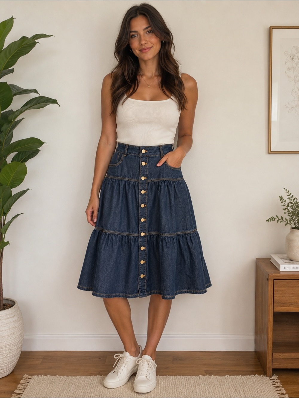 Time and Tru Dark Blue Button-Front Tiered Denim A-Line Skirt - Picture 1 of 8